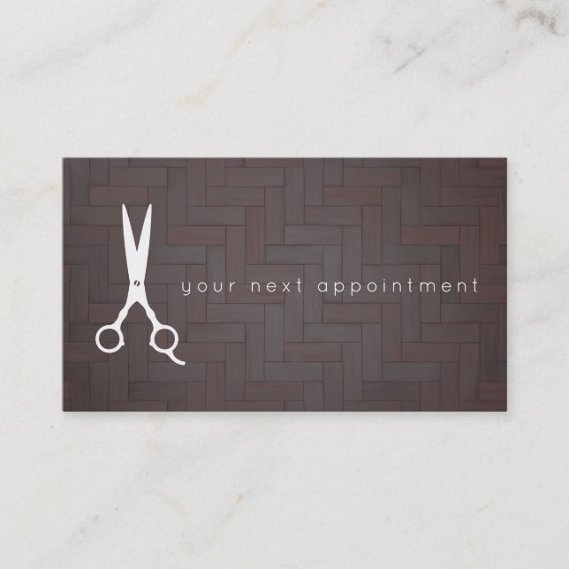 Modern Wood Salon Scissors Logo Appointment Business Card (Front)