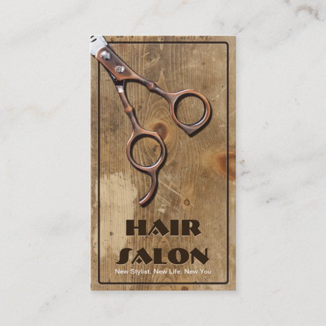 Modern Wood & Scissor Hair Beauty Salon Business Card (Front)