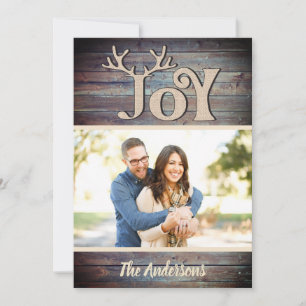Modern wood typography joy holiday photo card