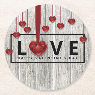 Modern Wood Valentine's Day Rustic LOVE Red Hearts Round Paper Coaster