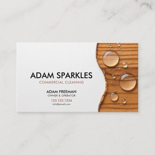 Modern Wood Water Drops Commercial Cleaning Business Card (Front)