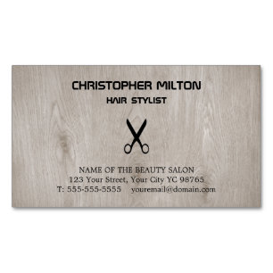 Modern Wooden Black Scissor Hair Stylist Magnetic Business Card