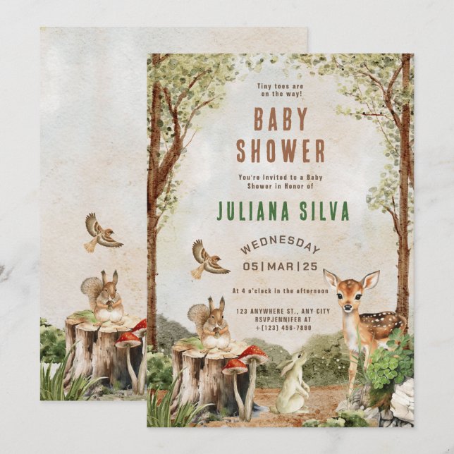 Modern Woodland Animals Forest Girl Baby Shower Invitation (Front/Back)