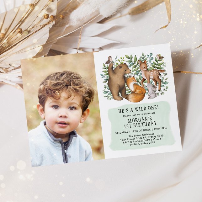 Modern Woodland Animals Wild One 1st Birthday  Invitation (Creator Uploaded)