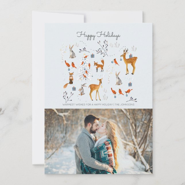 Modern woodland blue & gray animals & birds holiday card (Front)