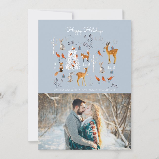 Modern woodland blue & red animals & birds holiday card (Front)