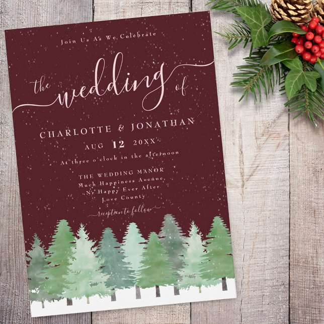 Modern Woodland Burgundy Blush Pink Winter Wedding Invitation (Elegant woodland forest burgundy blush pink winter wedding invitation)