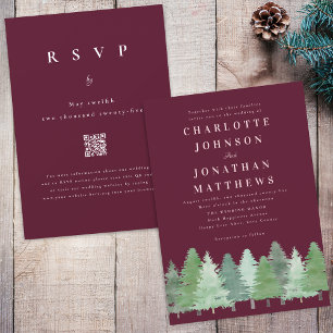 Modern Woodland Forest Burgundy QR Code Wedding Invitation