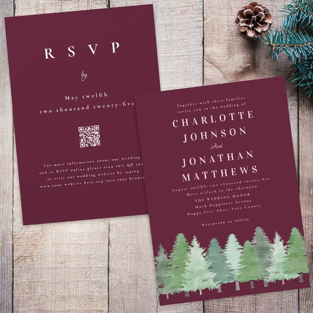 Modern Woodland Forest Burgundy QR Code Wedding Invitation (Modern Woodland snow forest burgundy and white winter wedding qr code invitation)