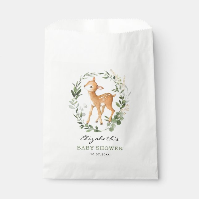 Modern Woodland Forest Deer Greenery Gold Baby Favour Bags (Front)