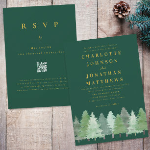 Modern Woodland Forest Green Gold QR Code Wedding Invitation
