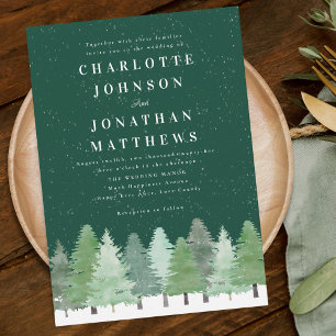 Modern Woodland Forest Green Winter Wedding Invitation