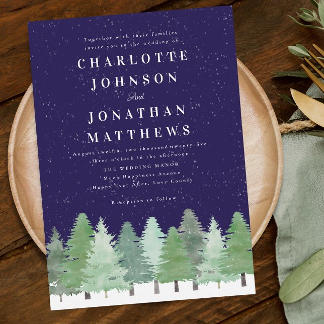 Modern Woodland Forest Navy Blue Winter Wedding Invitation (Modern watercolor Woodland snow forest navy blue and white winter wedding invitation)