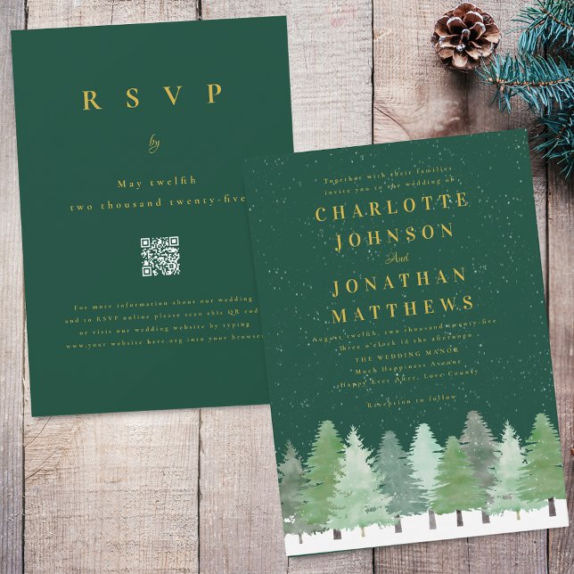 Modern Woodland Green Gold QR Code Winter Wedding Invitation (Modern Woodland forest dark green and gold wedding qr code invitation)