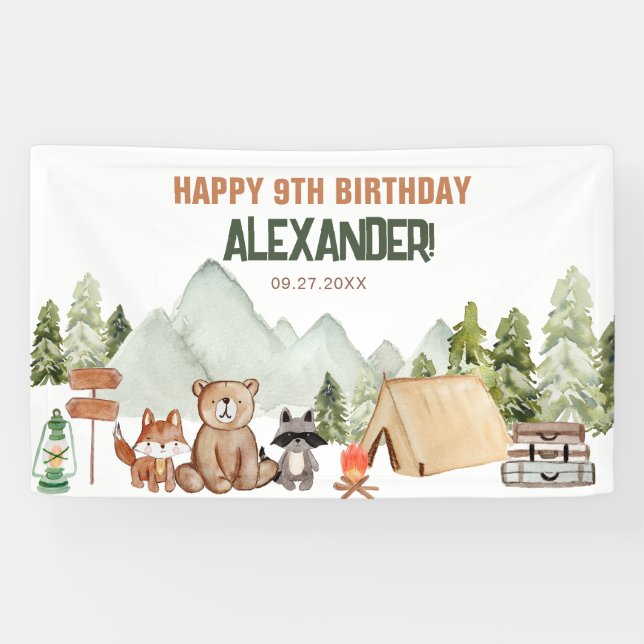 Modern Woodland Happy Camper Camping Kids Birthday Banner (Horizontal)
