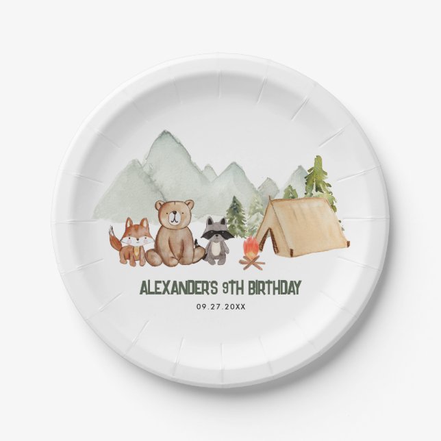 Modern Woodland Happy Camper Camping Kids Birthday Paper Plate (Front)