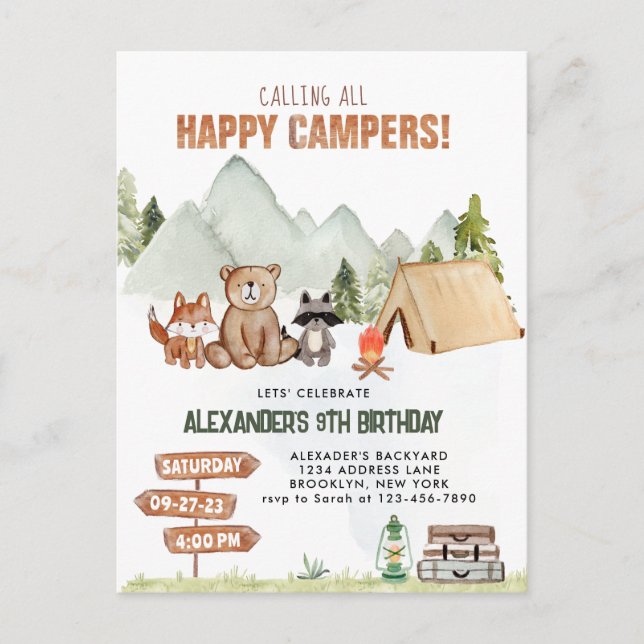 Modern Woodland Happy Camper Camping Kids Birthday Postcard (Front)
