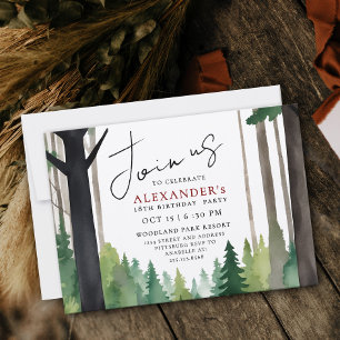 Modern Woodland Outdoor Adventure Bday Watercolor Invitation