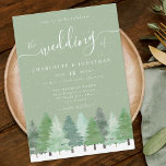 Modern Woodland Rustic Sage Green Winter Wedding Invitation<br><div class="desc">Celebrate your love with the enchanting beauty of nature in this Winter Woodland Sage Green Wedding Invitation. Featuring hand-painted watercolor fir trees in a snowy evergreen forest against a stylish sage green background, this elegant design blends rustic woodland charm with modern sophistication. The invitation showcases chic crisp white script paired...</div>