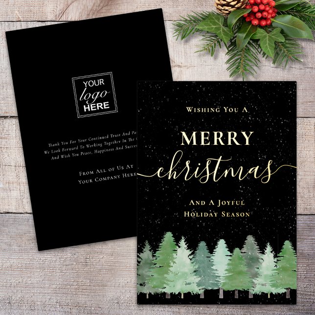 Modern Woodland Snow Company Logo Black and Gold Foil Holiday Card (Modern woodland snow merry Christmas company logo black and gold foil holiday card elegant script)
