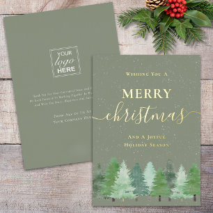 Modern Woodland Snow Company Logo Sage Green Gold Foil Holiday Card