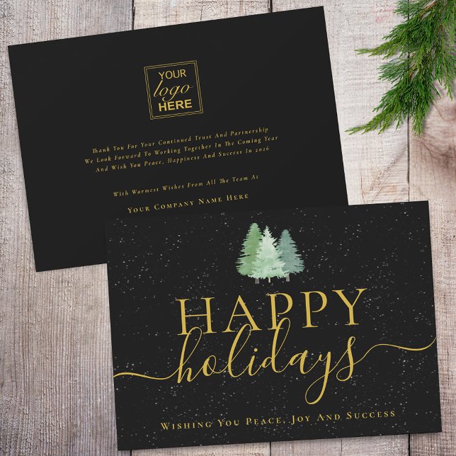 Modern Woodland Snow Your Logo Black Gold Business Holiday Card (Modern woodland snow happy holidays business logo black and gold holiday card)