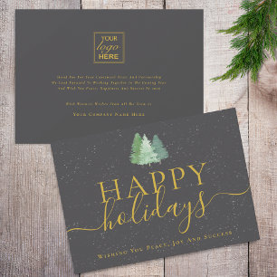 Modern Woodland Snow Your Logo Grey Gold Business Holiday Card