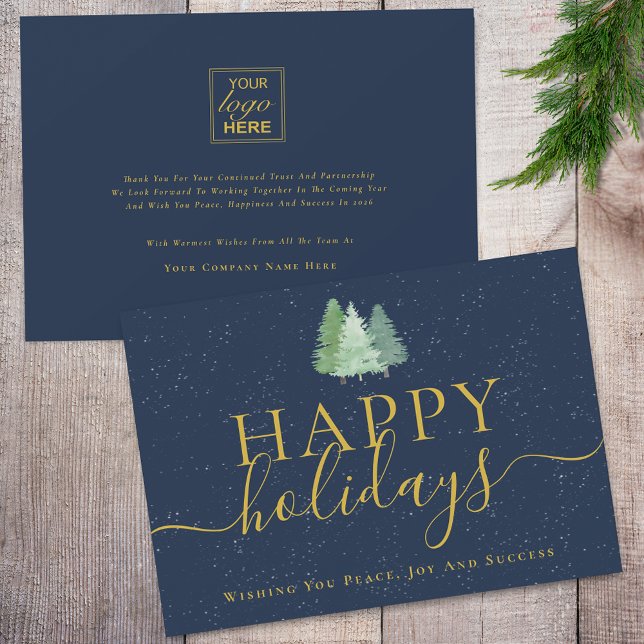Modern Woodland Snow Your Logo Navy Blue Gold Holiday Card (Modern woodland snow your business logo navy blue and gold happy holidays card Elegant script )