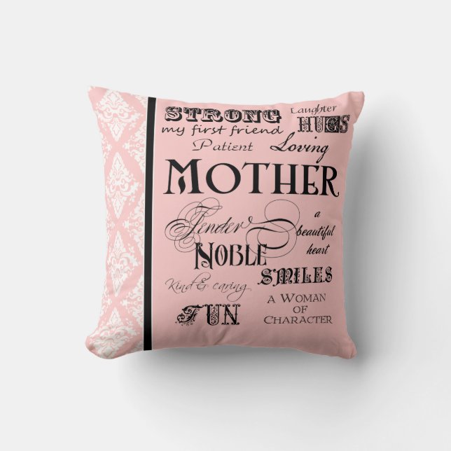 Modern Word Cloud Mother Text Sayings - Pink Black Cushion (Front)