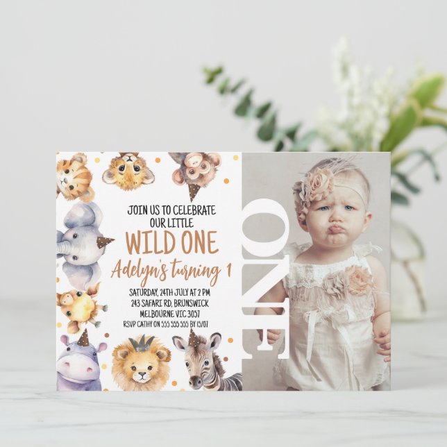 Modern Word Safari Animals Wild One 1st Birthday  Invitation (Standing Front)