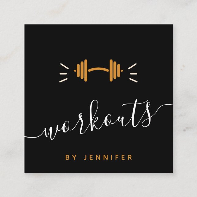 Modern Workouts Gym Trainer Fitness Barbell Logo Square Business Card (Front)