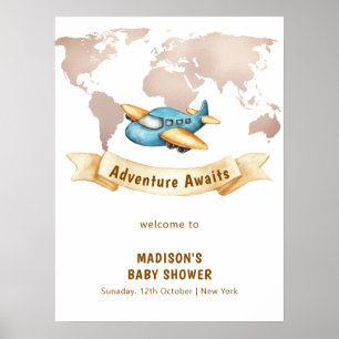 Modern World Map Aeroplane Boy Baby Shower Welcome Poster
