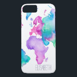 Modern world map globe bright watercolor monogram iPhone 8/7 case<br><div class="desc">A modern monogram,  bright and colourful hand painted map of the world in globe shape with gradient and ombre watercolor in pink,  purple,  blue,  turquoise and green hues. A perfect gift for the traveller and geography enthusiast. An abstract representation of the world in watercolor paint.</div>