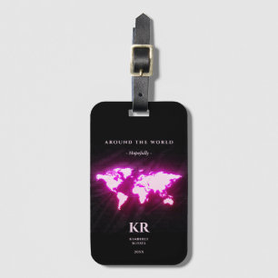 Modern World Map Travel Monogram Neon Pink Luggage Tag