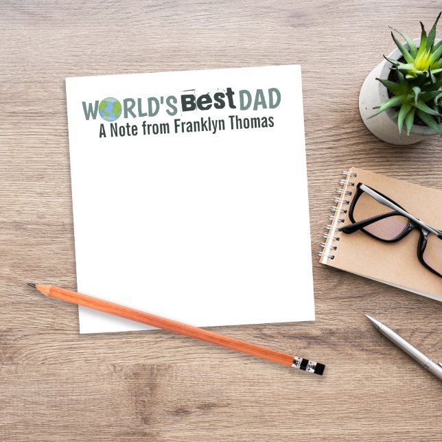 Modern World's Greatest Dad Simple Trendy Notepad (Personalized “World’s Best Dad” design with custom child’s name, shown in a clean workspace—perfect )
