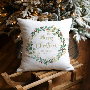 Modern Wreath and Gold Script Merry Christmas Cushion