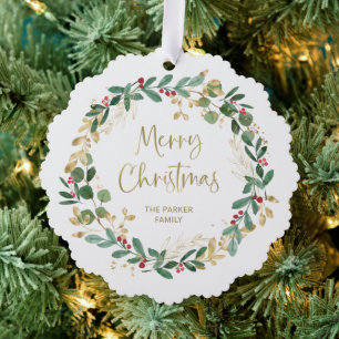 Modern Wreath and Gold Script   Merry Christmas Tree Decoration Card