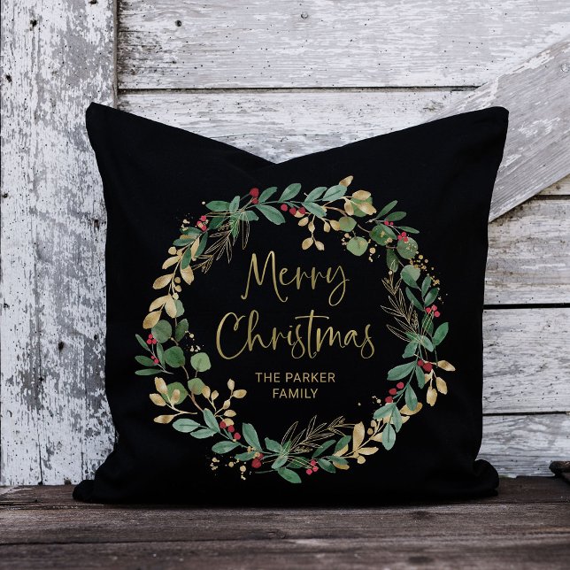 Modern Wreath and Script Black | Merry Christmas Cushion (An elegant, dark black pillow for Christmas with a holiday wreath and gold script)