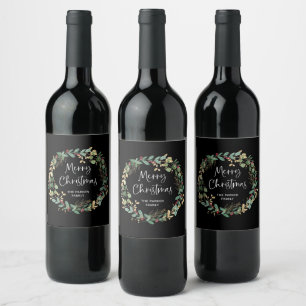 Modern Wreath and Script Merry Christmas Black Wine Label