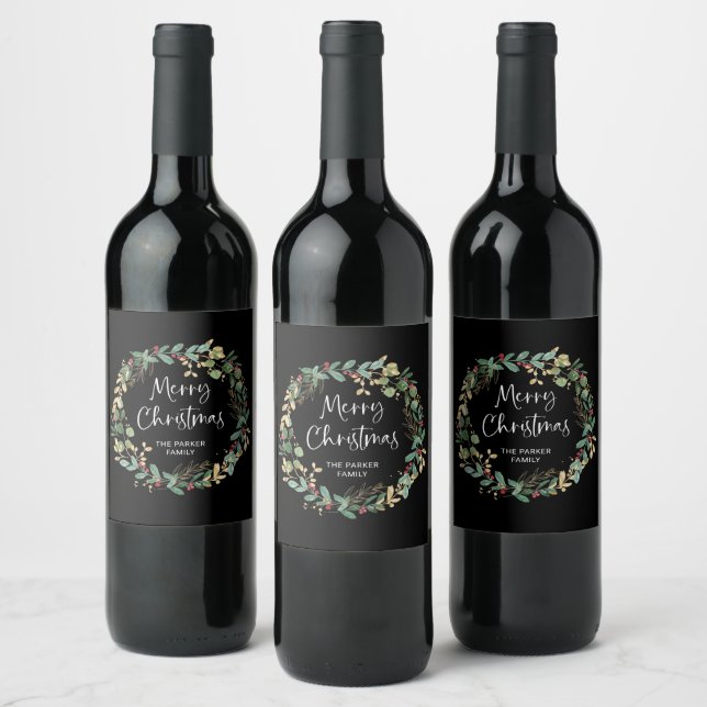 Modern Wreath and Script | Merry Christmas Black Wine Label (Bottles)