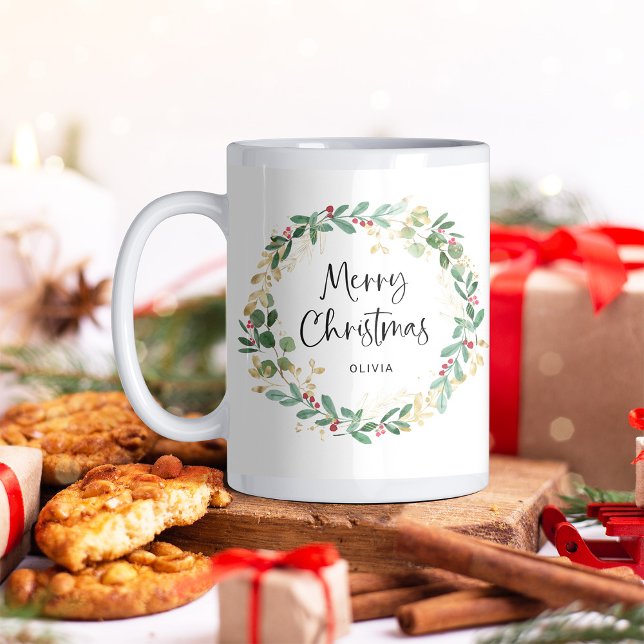 Modern Wreath and Script | Merry Christmas Coffee Mug (Creator Uploaded)