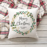 Modern Wreath and Script | Merry Christmas Cushion<br><div class="desc">This simple and stylish holiday pillow features a stunning watercolor wreath with green and faux gold leaves and red holly berries,  and black modern script typography that says "Merry Christmas" on a white background.</div>