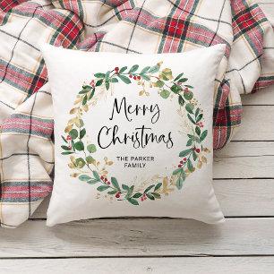 Modern Wreath and Script   Merry Christmas Cushion