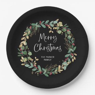Modern Wreath and Script Merry Christmas Paper Plate