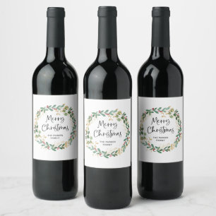 Modern Wreath and Script   Merry Christmas Wine Label