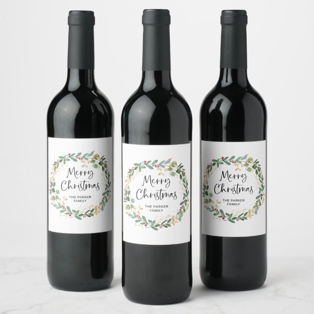 Modern Wreath and Script | Merry Christmas Wine Label (Bottles)