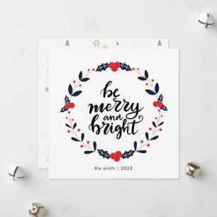 Modern Wreath Berry Be Merry and Bright Christmas Holiday Card