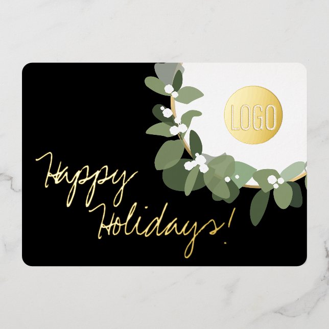 Modern Wreath Company Logo Black Real Gold Foil Holiday Card (Front)