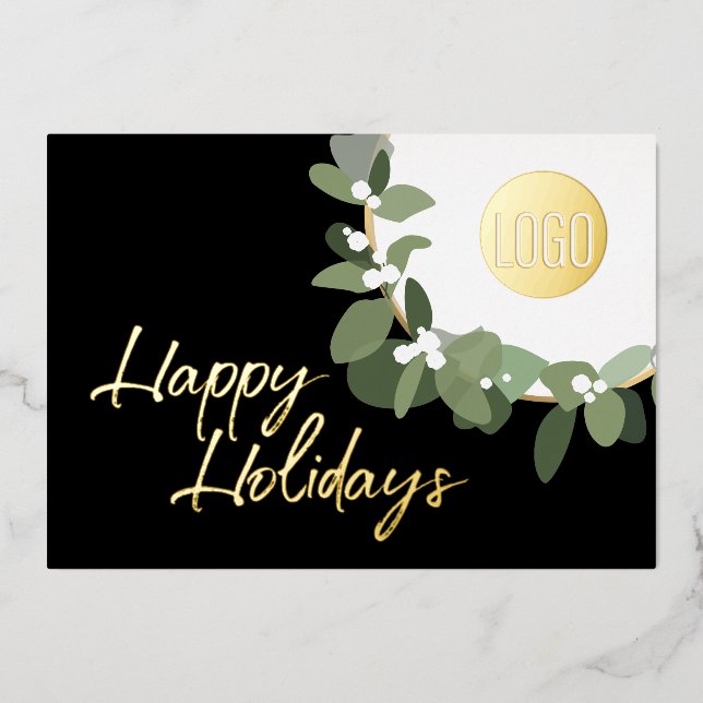 Modern Wreath Corporate Logo Gold  Foil Holiday Card (Front)