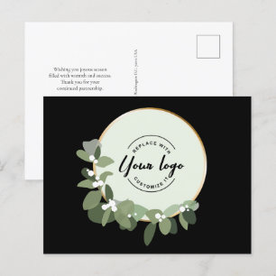 Modern Wreath Custom Logo business thank you Holiday Postcard